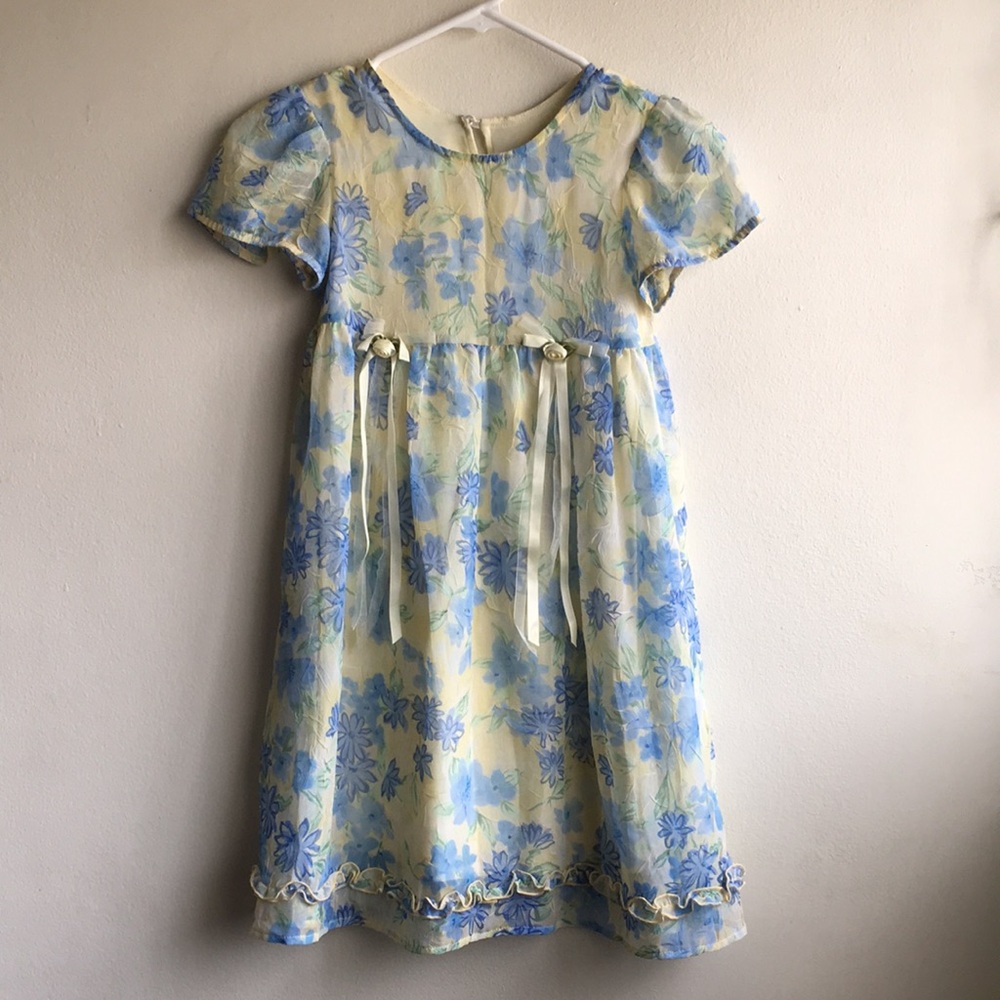 I.N. Girl Sz 6 Yellow Blue Floral Print Short Puff Sleeve Girls Dress High Waist
